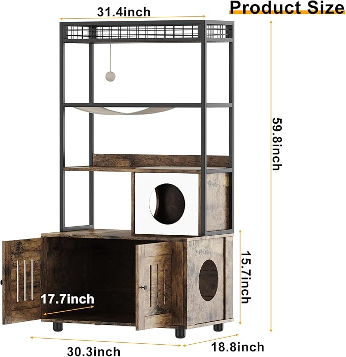 Cat Litter Box Enclosures with Storage Rack, Enclosed Litter Box Furniture, Hammock, Sisal Balls and Cat Scratching Mat