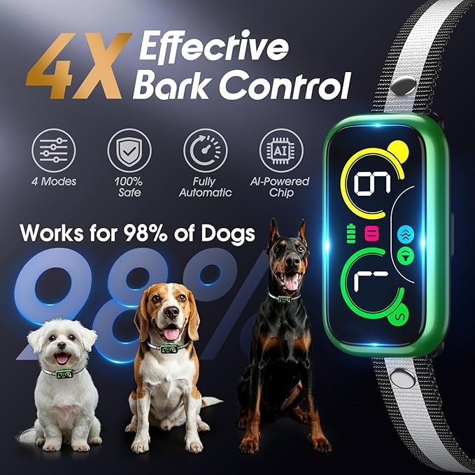 Dog Bark Collar Pro, Instant Bark Solution, Smart Anti Barking Device with 4 Correction Modes, Fast-Acting Barking Collar for for Large Medium Small Dogs 5-150lbs, Ideal for Home & Outdoor Use
