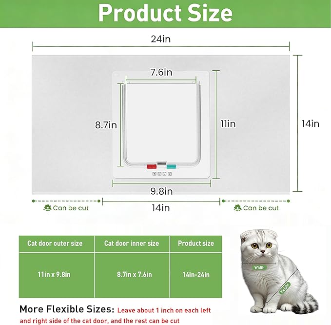 Cat Door for Window, Fits 14"-24" Width Window, Cat Window Door with 4 Locking Modes, Weatherproof Window Cat Door Insert, Magnetic Closure, Easy Installation, Frosted Plexiglass