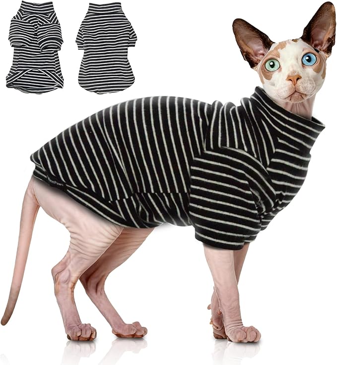 Sphynx Cat Sweater Hairless Cat Clothes Sweater Shirt Soft Warm Long Sleeves Pullover Pet Clothes Pajamas Dog Cloth for Small Dogs Jumpsuit Pet Sweaters (B&W Striped, XX-Large)