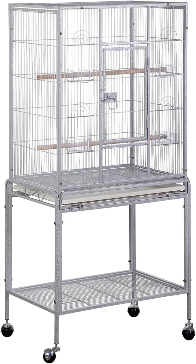 53 Inch Height Wrought Iron Standing Parrot Large Flight Bird Cage with Rolling Stand Birdcages for Parakeet Cockatiel Conure Lovebird Finch, White