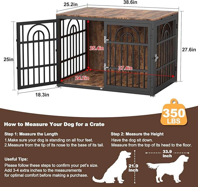 38" Dog Crate Furniture, Heavy Duty Dog Crates, Dog Kennel Furniture Indoor for Medium Dog as TV Stand, Wooden Cage End Table for Indoor Decoration, Name Tag Escape-Proof Locks & Double Door