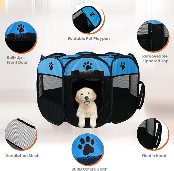Dog Playpen,Puppy Pet Cat Playpen Indoor for Small Dogs Tent Crates Cage Indoor/Outdoor, Portable Pop Up Dog Kennel Playpen with for Dogs/Cats/Rabbits, Removable Zipper Top(Small Size, Blue)