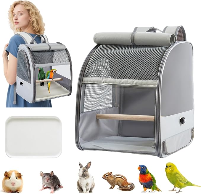 Bird Carrier Backpack,Breathable & Portable,Pet Travel Cage with Upgraded Tray and Standing Perches,Lightweight Foldable Birds Travel Cage for Hiking Camping,for Small Birds, Green Cheek