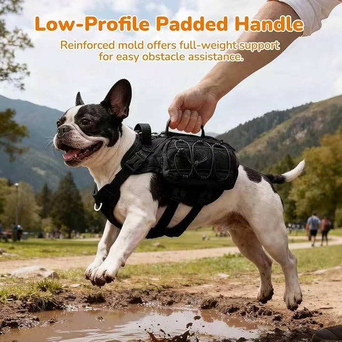 Large Dog Harness Backpack, No Pull Adjustable Dog Vest with Handle & Leash Ring, Lightweight Dog Backpack with Side Pockets for Walking, Training & Day Hikes, Black, L