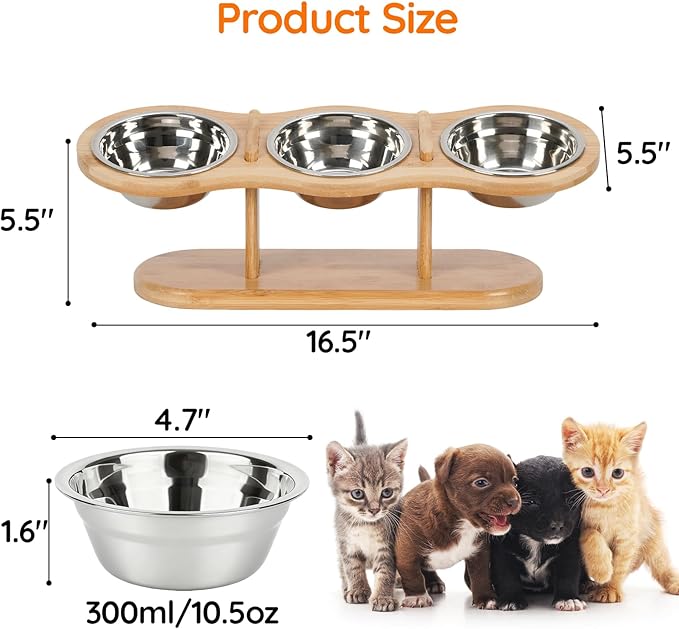 Elevated Cat Bowls Raised Cat Food Bowls, 15° Tilted Pet Bowls for Cats Puppy Small Dogs, Raised Dog Bowl Stand Feeder Adjustable Dog Cat Food Water Bowls Stand with 3 Stainless Steel Bowls