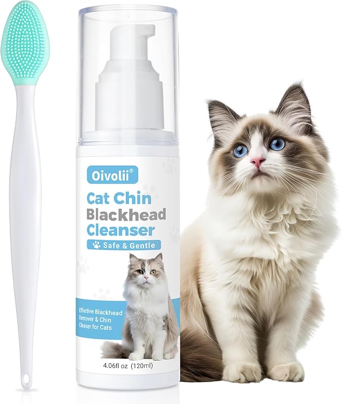 Cat Acne Chin Cleaner & Blackhead Remover – Deep Pore Feline Chin Acne Care Lotion with Silicone Brush – Cat Chin Scrubber for Black Chin Buildup – Gentle Coconut Scent – 4 fl oz