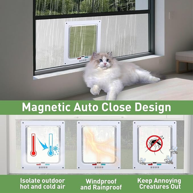 Cat Door for Window, Fits 14"-24" Width Window, Cat Window Door with 4 Locking Modes, Weatherproof Window Cat Door Insert, Magnetic Closure, Easy Installation, Frosted Plexiglass