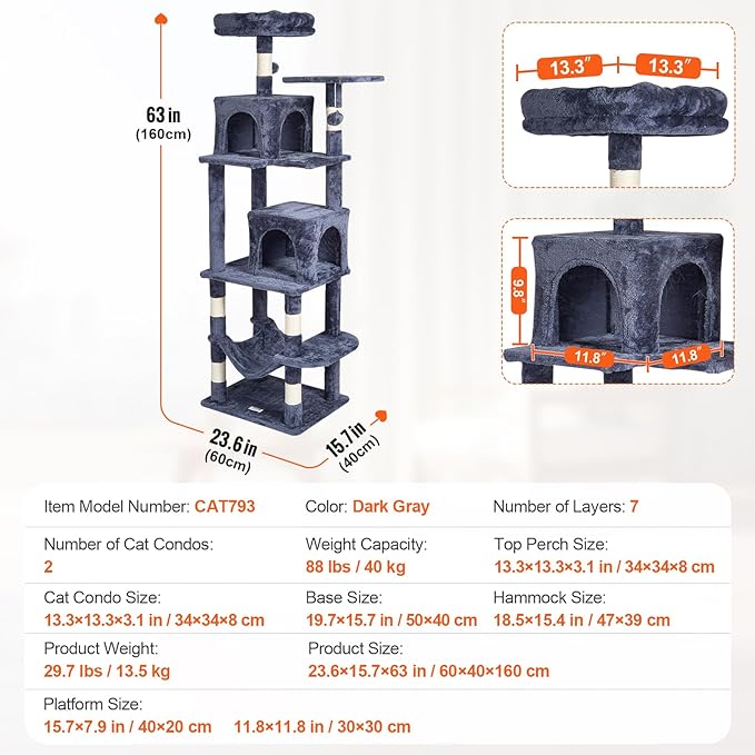 VEVOR Cat Tree for Indoor Cats, 63" Cat Tower with 2 Cat Condos, Sisal Scratching Post, Hammock, Top Perch, Jumping Platforms, Large Cat Furniture Activity Center with Hang Ball, Dark Grey