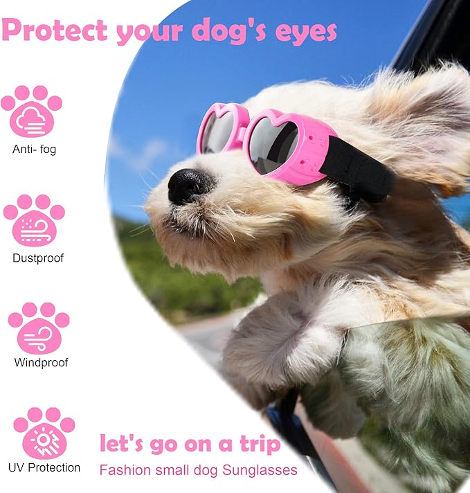 Small Breed Dog Sunglasses, UV Protection with Adjustable Strap, Heart-Shaped Goggles for Waterproof, Windproof, Anti-Fog Eye Protection, Beach Accessories (Pink)