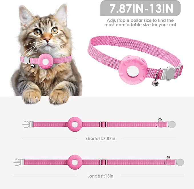 Cat Tracker, Waterproof Pet Tracker for Cats, Cat Tracker Collar with Safety Elastic Buckle, Works with Any Collar,Compatible with Apple Find My App (Only iOS) not for Android, No Monthly Fee, Pink