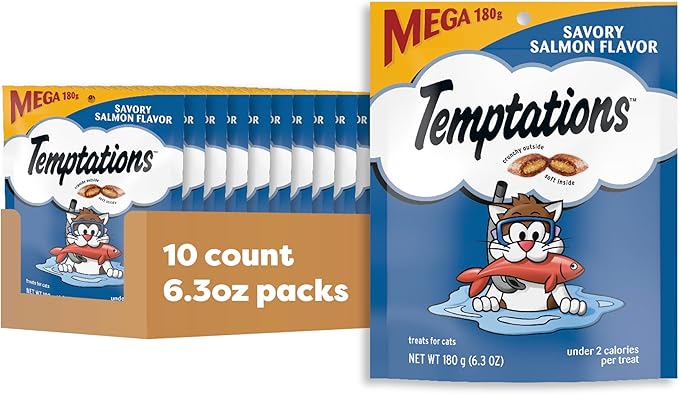 Temptations Cat Treats Classic Crunchy and Soft Cat Treats, Savory Salmon Flavor, 6.3 oz. Pouch (Pack of 10)