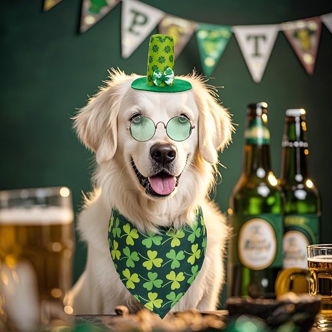 3 Pcs St Patrick's Day Pet Costume Set Cat Bandna Hat and Sunglasses for Small Medium Dogs Holiday Party Outfits