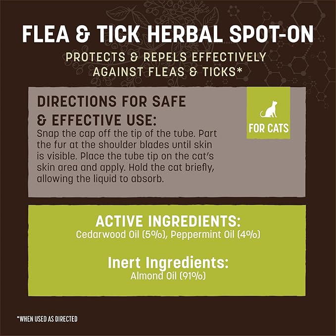 Earth Animal Apothecary Natural Flea & Tick - Herbal Spot-On for Cats - 3 Applications (3 Month Supply)