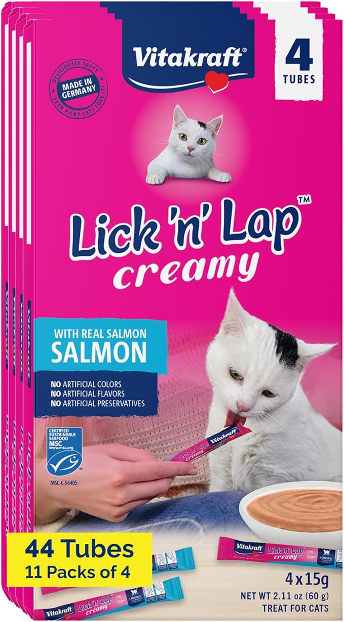 Vitakraft Lick 'n' Lap Snack Creamy, Cat Treat with Real Salmon, 44 Count
