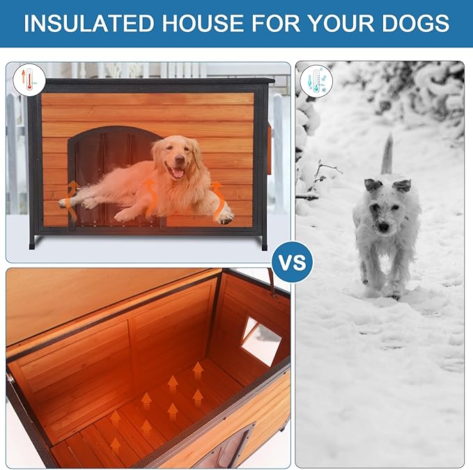 Insulated Dog House Outdoor Weatherproof 43.3" L Large Dog Kennel 6 Sides All-Round Foam Winter for Small Medium Large Dogs with Strong Metal Frame