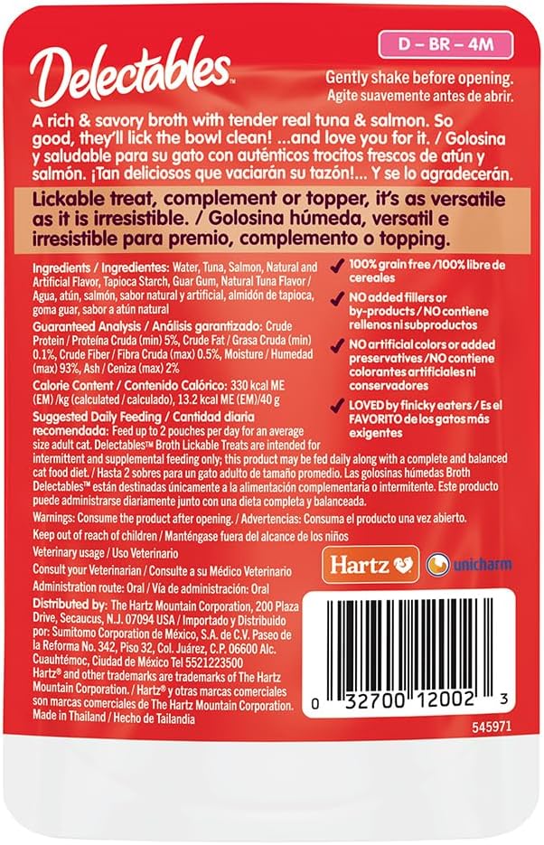 Hartz Delectables Savory Broths Tuna & Salmon Lickable Wet Cat Treats,(Pack of 24)
