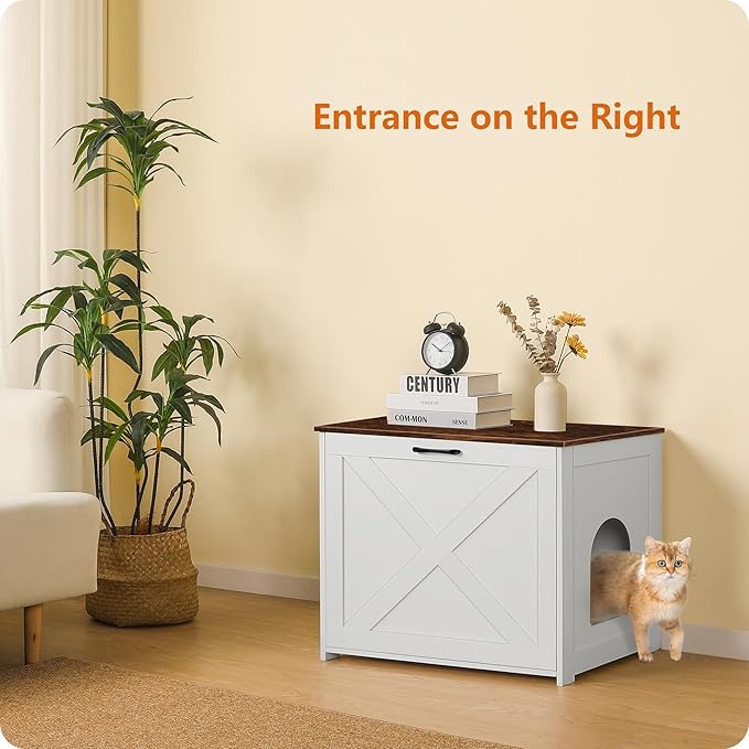 Dwanton Cat Litter Box Furniture Hidden, Cat Litter Box Enclosure, Reversible Entrance Can Be on Left or Right Side, Indoor Cabinet, Wooden Washroom, End Table, White and Rustic Brown, 27.6" L
