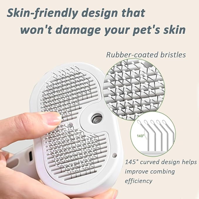 3 In 1 Self Cleaning Pet Spray Hair Removal Comb, Fresh Fur Shower Brush, Pet Steamy Shower Brush + Bathing Solution, Removes Loose Hair, Anti-Static (White)