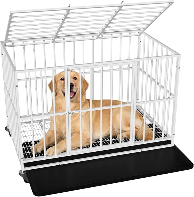 White 48 Inch Heavy Duty Dog Crate with Double Doors and Lockable Wheels, Large Dog Kennel Indoor, Removable Tray for Easy Cleaning, Dog Cage for Medium to Large Breeds and High Anxious Dogs