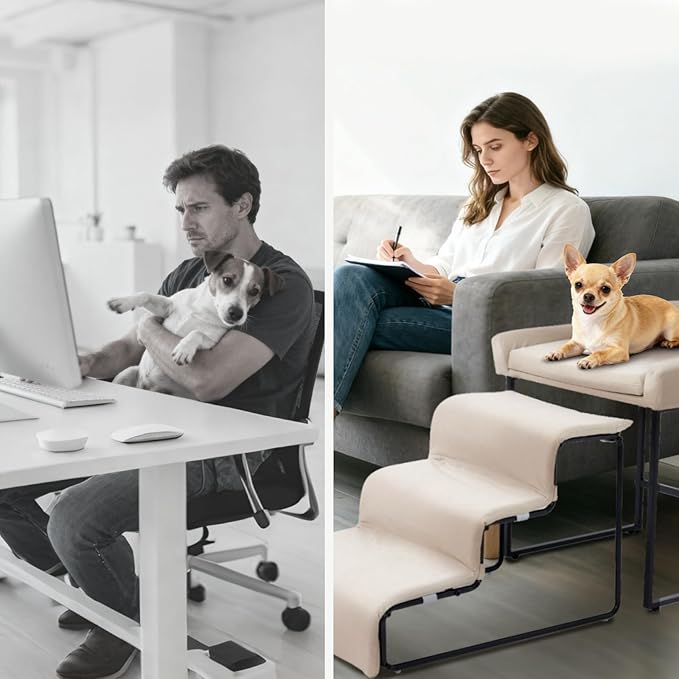Dog Window Perch with Stairs, Pet Stairs Ramp with Seat, Dog Perch to Look Out Window with Ramp, Lounge Elevated Dogs Bed, Small Pet Step, Multi-Level Platform with Foam Upholstery