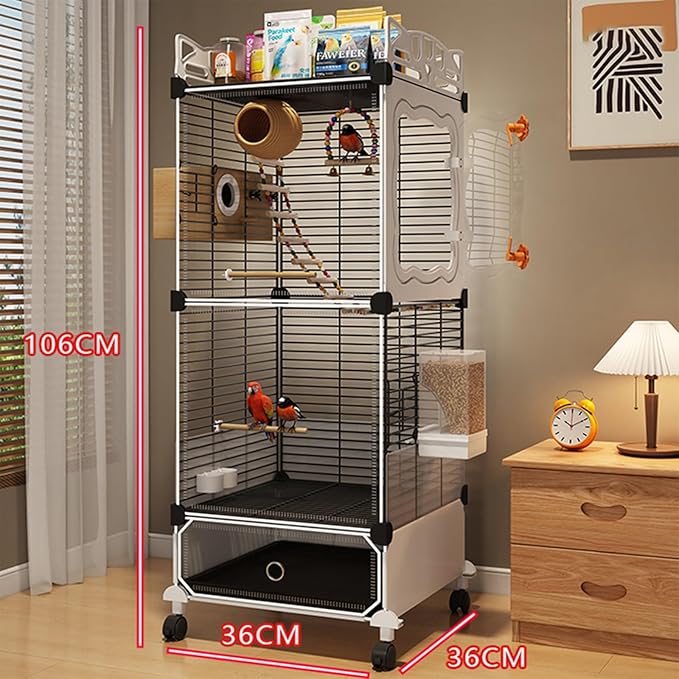 Large Parrot Cage with Acrylic Doors, 4 Casters, Perch & Feeder, Detachable Drawer, Ideal for Cockatiels, Budgies, Conures, Indoor/Outdoor Use – Spacious White Birdcage (Black, 36 * 36 * 106)