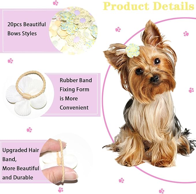 20 Pcs Handmade Cute Puppy Hair Bows, Flower Bowknot with Rubber Bands for Small Dog Hair Ties Accessories Light Yellow