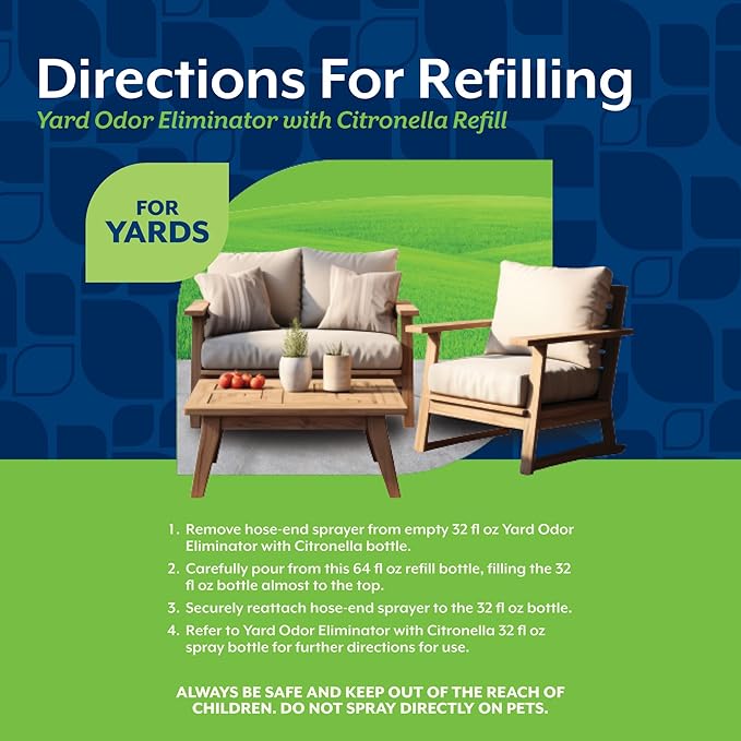 NaturVet – Yard Odor Eliminator Plus Citronella Spray – Eliminate Stool and Urine Odors from Lawn and Yard – Designed for Use on Grass, Patios, Gravel, Concrete & More – 64oz Refill (No Hose Nozzle)
