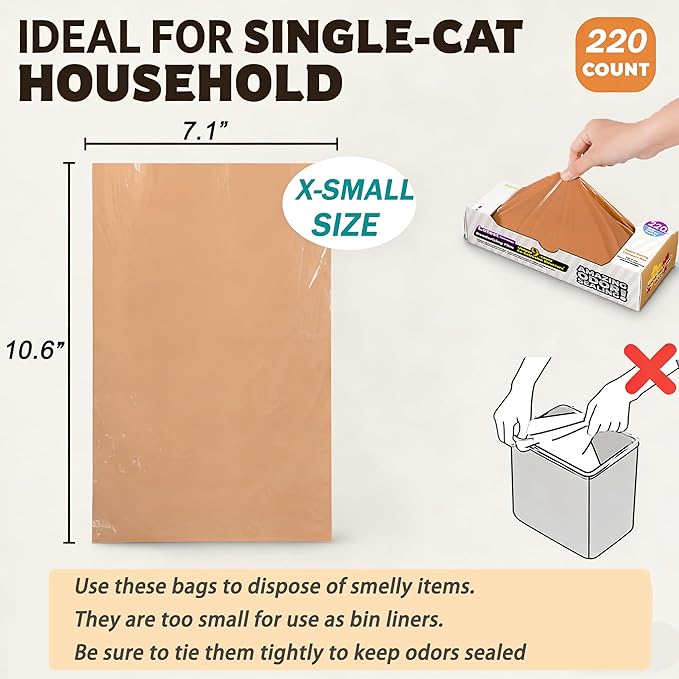 Odor-Sealing Cat Poop Bags XS, 220 Count | Durable Unscented Waste Bags for Pet, Diaper, Ostomy & Food Waste Disposal (Brown)