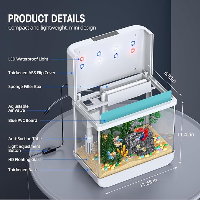 Fish Tank 2.2 Gallon Fish Bowl with Humidifier 7 Color Auto-Looping Light Aquarium Tank with 3 in 1 Silent Pump with Filteration & Oxygenation & Circulation(White-2.2 Gallon)