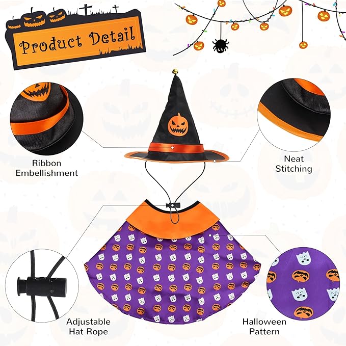 Halloween Pet Costumes Cat Wizard Costume Dog Funny Wizard Clothes Cat Bat Wings Wizard Hat Cute Pumpkin Cloak Outfits for Kittens Puppies
