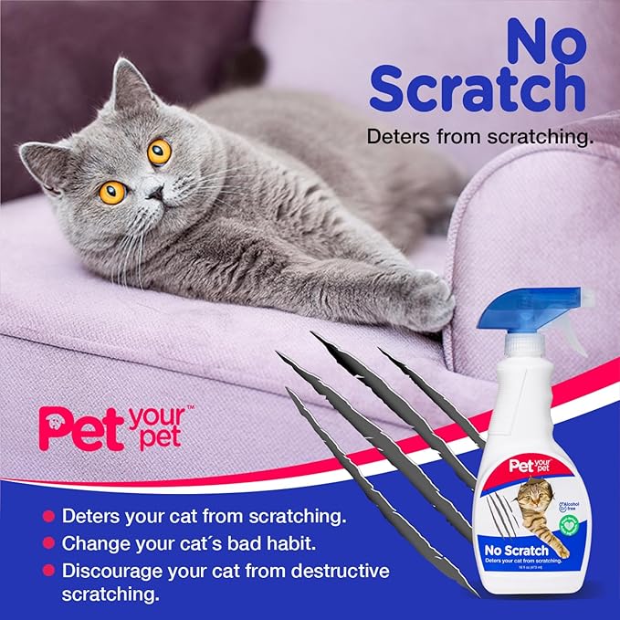 No Scratch Cat Deterrent Spray, 16 Fl Oz– Non-Toxic for Carpets and Furniture – Natural Cat Stop Scratching Deterrent Spray – Indoor/Outdoor Kitten - Anti-Scratch Keep Off