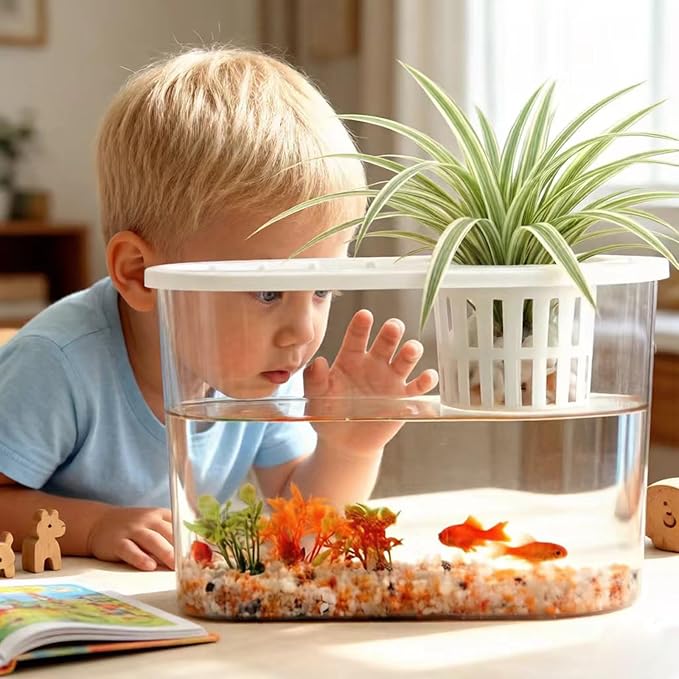 1 Gallon Betta Fish Tank Unbreakable Plastic Aquarium Oblate Fish Bowls with Plant Basket & Lid for Desktop Decoration