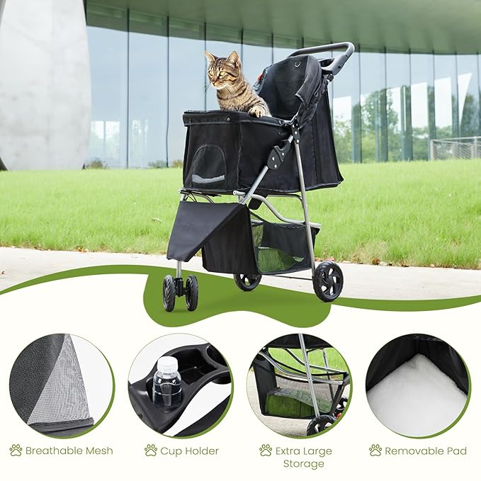 DUMOS 3 Wheels Pet Stroller for Small Dogs and Cats – Foldable Dog Stroller with Mesh Windows, Storage Basket & Cup Holder, Lightweight & Durable Pet Carrier for Travel, Outdoor Use – Black