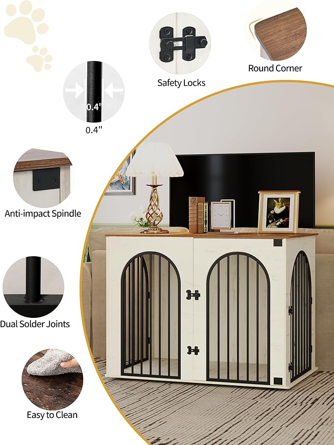44.1" Wooden Dog Crate Furniture, Indoor Dog Kennel Dogs Cage for Small/Medium/Large Dogs, Heavy Duty Dog Crates Decorative Pet House End Side Table TV Stand, White Brown DFC83914B