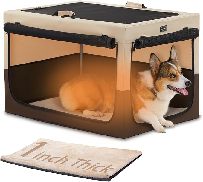 PETSFIT Portable Dog Crate for Medium Dogs, – 30" Soft Dog Travel Crates with Lockable Zippers & Thicken Mat, Adjustable Patented Spiral Steel Frame, Collapsible Kennel for Indoor & Outdoor