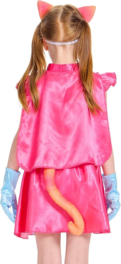 IKALI Pink Kitties Costume for Kids Girls Halloween Superhero Cat Fancy Dress with Cape