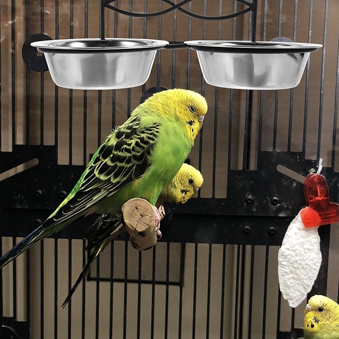 Cabilock Parrot Feeder Cup and Bird Food Holder Hanging Bowl with Clamp Stainless Steel Small 11cm Diameter for Cage Feeding and Watering Supplies