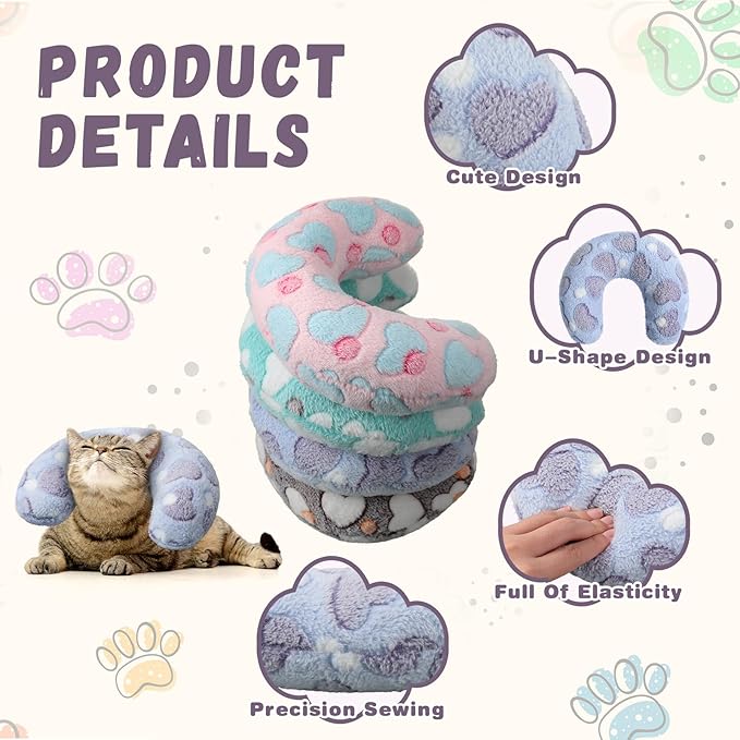 Sweetude 4 Pcs Pillows for Cats Puppy Bed Fluffy Pet Calming Soft Gifts Half Donut U Shaped Pet Neck Pillow Training Joint Relief Cervical Protection(Heart,Medium)