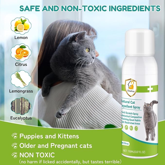 Cat Deterrent Spray, Natural Cat Repellent for Indoor & Outdoor Use, Safe Anti-Scratch Furniture Protector, Effective Cat Training Aid Spray for Sofa, Carpet & Door 150ml
