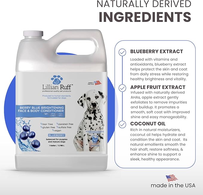 Lillian Ruff PRO Formula Berry Blue Brightening Dog Conditioner - Professional Whitening Conditioner, Hydrate Dry Skin, Soften, Detangle, Restore Shine - Provitamin B5, USA Made 128oz+Pump
