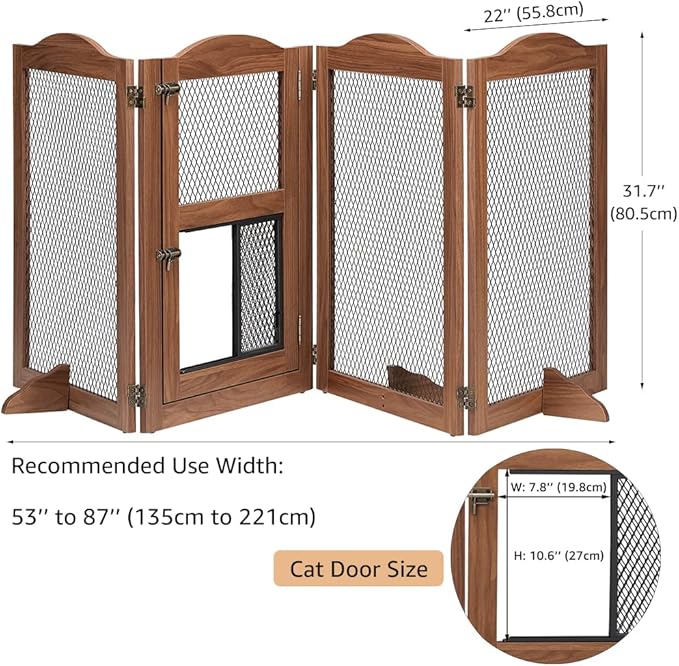 beeNbkks Freestanding Pet Gate with Cat Door, Dog Proof Cat Gate, Indoor Dog Gates for The House Doorways Stairs, Metal Mesh Wooden Small Animal Pet Barrier with Walk Through Door and Support Feet
