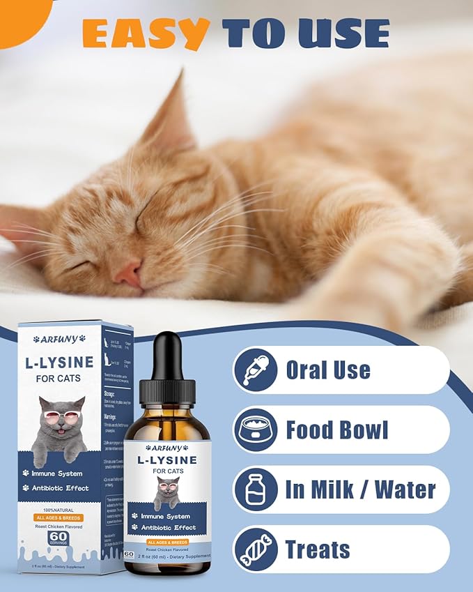 L-Lysine Supplement for Cats - Immune Support - 60ML Lysine for Feline Respiratory, Sneezing, Runny Nose, Eye Function - Natural Cat Antibiotic Drops - Roast Chicken Flavor