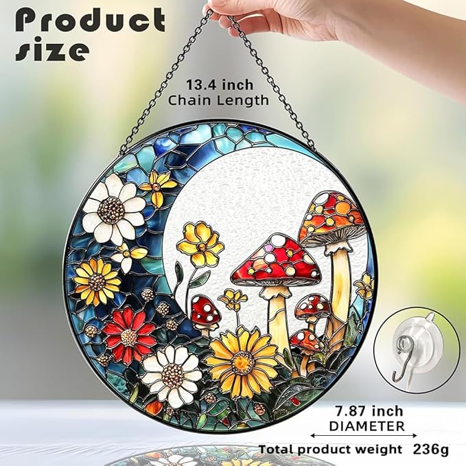 Crescent Moon Suncatcher with Colorful Mushrooms & Wildflowers - Stained Glass Window Hanging Decor for Indoor Windows, Unique Gift for Plant Lovers, Housewarming, Birthday, or New Home Celebration