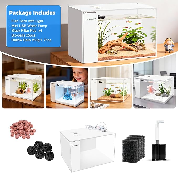 Small Fish Tank Betta 2.5 Gallon Desktop Aquarium Kit with LED Light and Water Pump & Black Filter Sponge & Bio Ball Filter Media Compact Aquarium for Betta Fish, Shrimp(White)