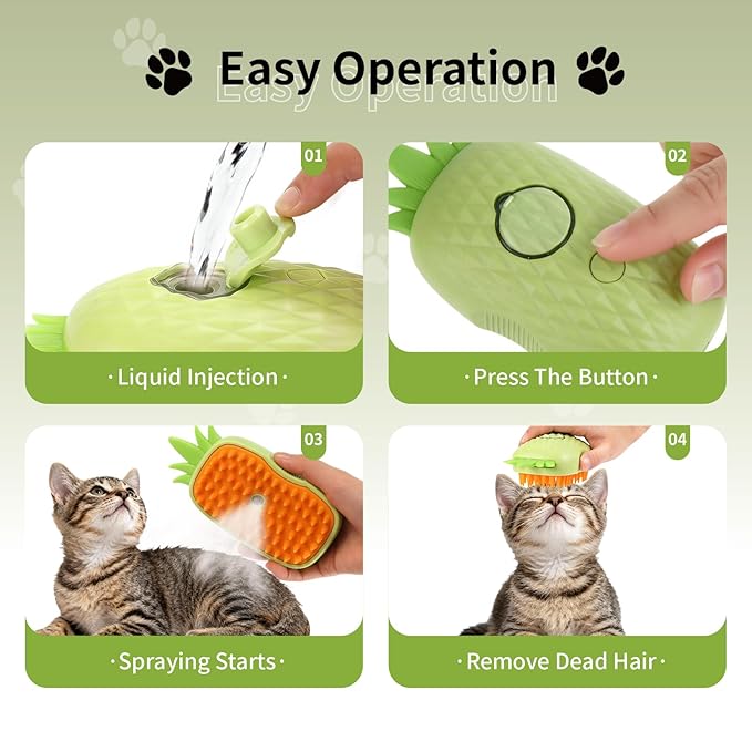 Cat Steam Brush for Shedding, 4 in 1 Rechargeable Steam Brush for Cats and Dogs, Anti-Static, Massage, Cleaning, Shedding & Combing All in One! (Green)