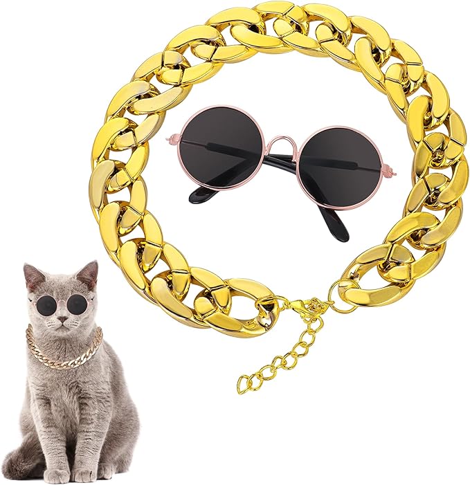 Cat Costume Sunglasses with Collar Chain, Retro Pet Eyeglasses Funny Kittens Costume Docorations Cosplay Dog Puppies Photo Props for Birthday (Gold)