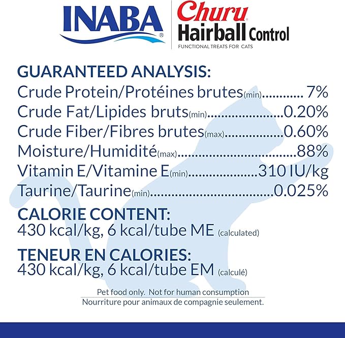 INABA Churu for Cats, Functional, Creamy Lickable Purée Cat Treat for Hairball Control and Indoor Care with Taurine & Vitamin E, 0.5 Ounces Each, 4 Tubes (1 Pack), Tuna Recipe