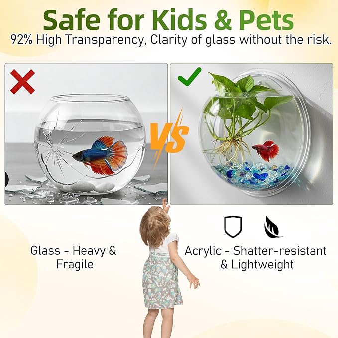 iplusmile Wall Mounted Fish Bowl - 9 Inch Round Acrylic Betta Fish Tank, Hanging Bubble Vase for Plant Propagation & Home Office Wall Decorations