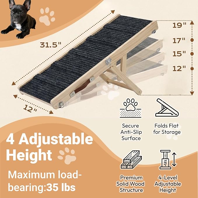 Dog Ramp for Couch & Bed for Small Dogs, Foldable Small Dog Ramps for Sofa - 31.5" LX12 W, 4 Adjustable Height, Portable, Stable, Non-Slip, Carry Handle, Wood